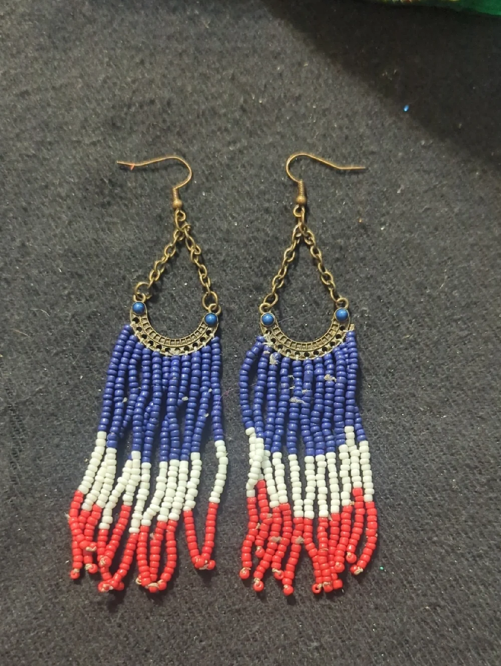 Vintage Bronze Tone Red White Blue Beaded Fringe Dangle Statement Earrings